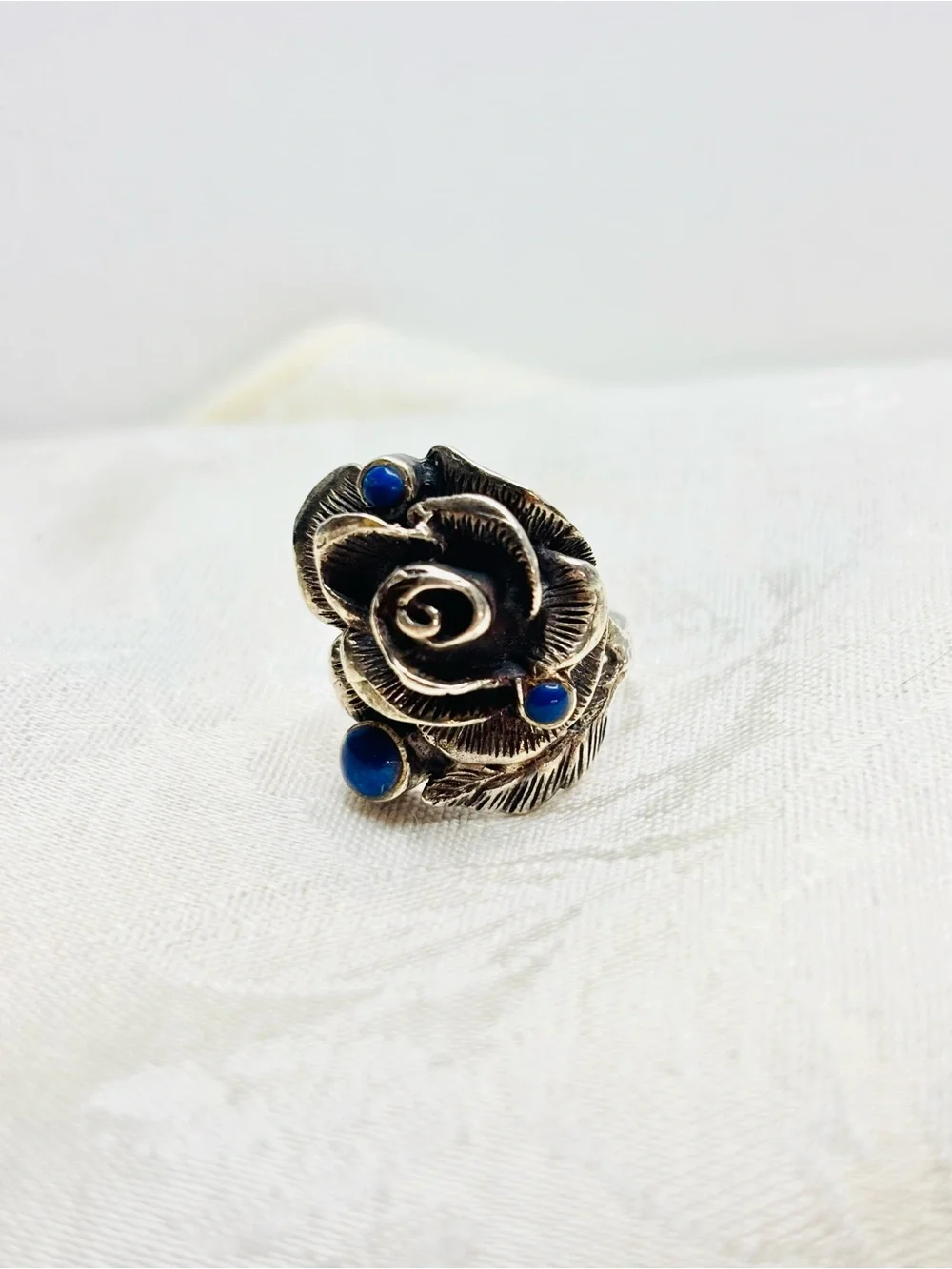 Vintage Sterling Silver Lapis Lazuli Rose Ring Size 5.5